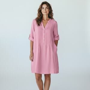 J. McLaughlin Women's Riviera Linen Loose Fit Pleated Pink Knee Length Dress - L